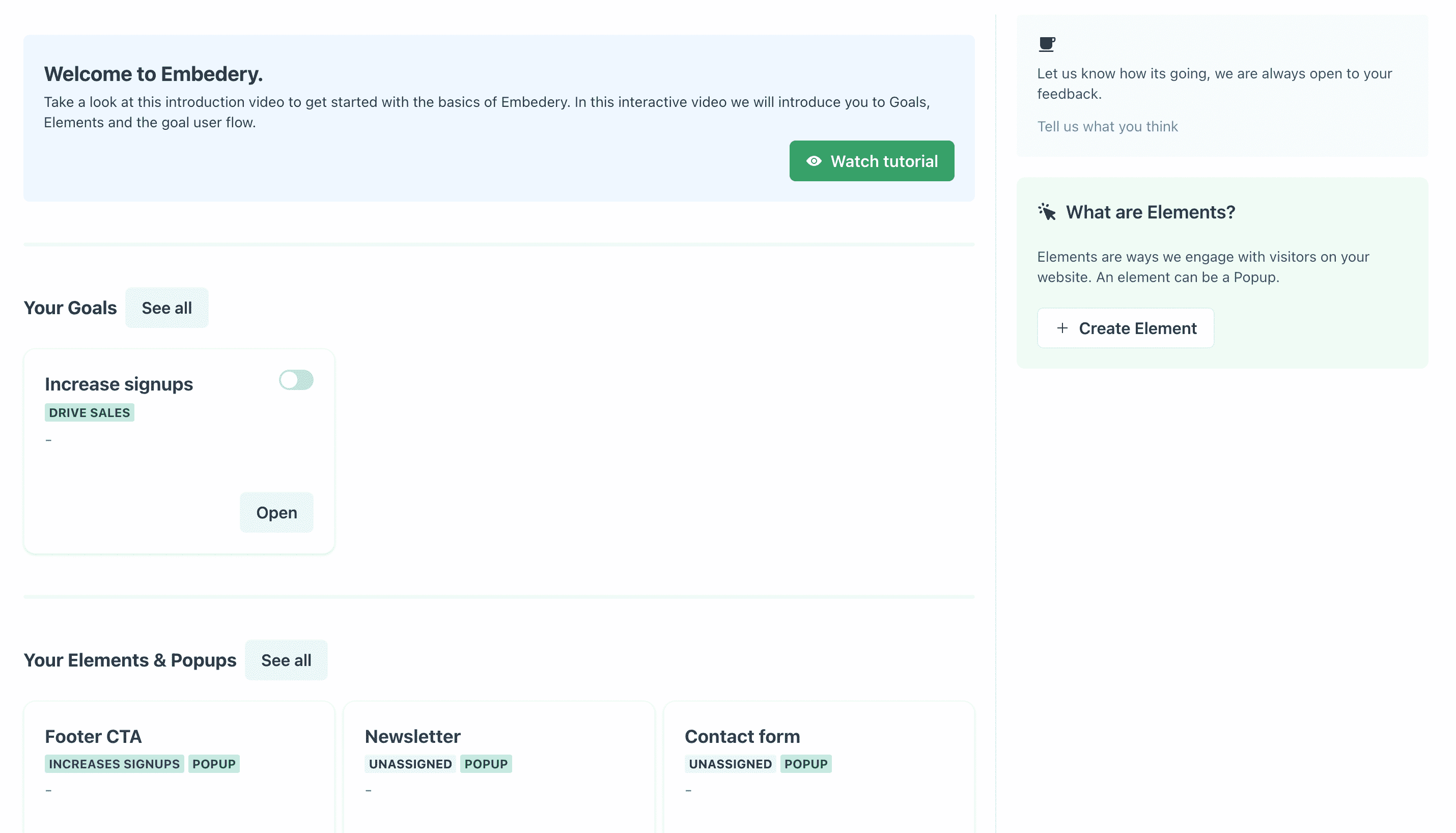 Embedery admin overview page